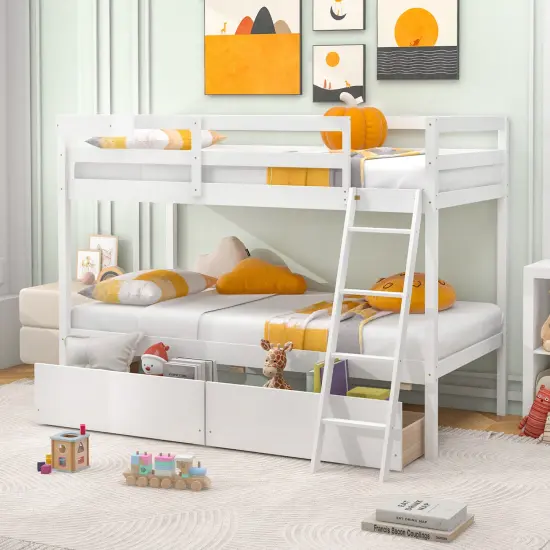 Twin Over Twin Bunk Bed with 2 Storage Drawers and Ladder Pine Wood White {5}