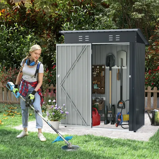 Grey Galvanized Metal Outdoor Storage Shed with Lockable Door, Vents, and Roof {6}