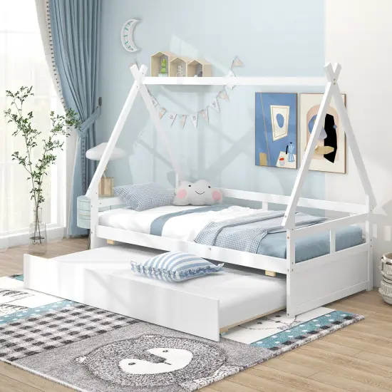 Twin Size House Frame Bed with Trundle, Wooden Construction and Creative Design White {3}