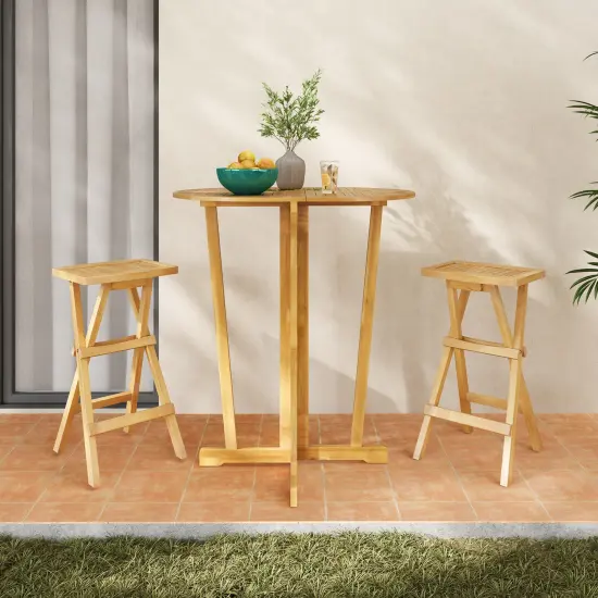 Set of 2 Natural Teak Wooden Outdoor Bar Stools with Countered Seat Perfect Fit for Any Bar {5}