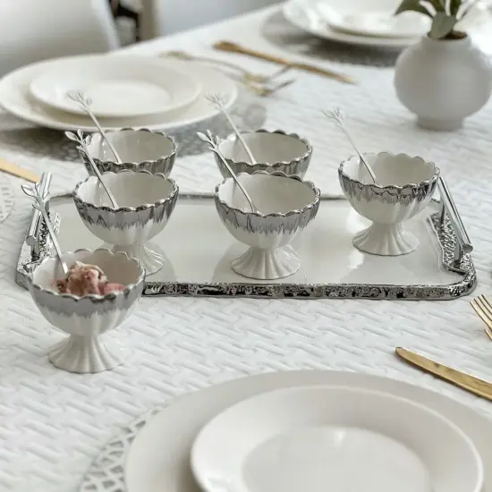 Porcelain Dessert Mugs with Tray White / Silver {1}