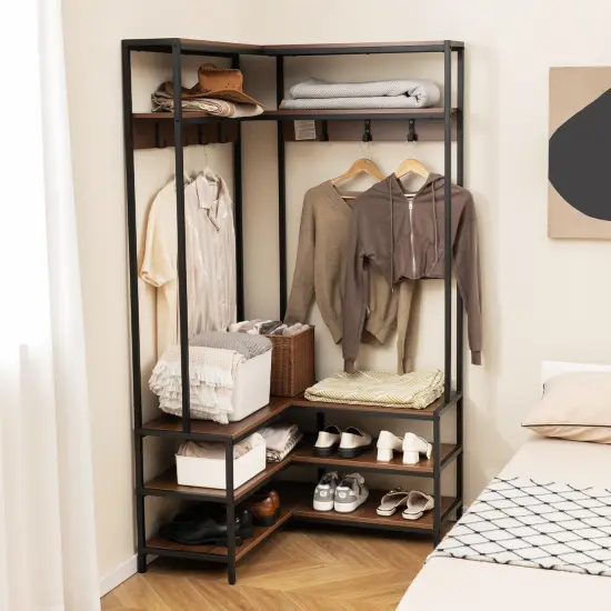 Multi-purpose Coat Rack with Open Shelves & Metal Hooks for Storage Walnut {3}