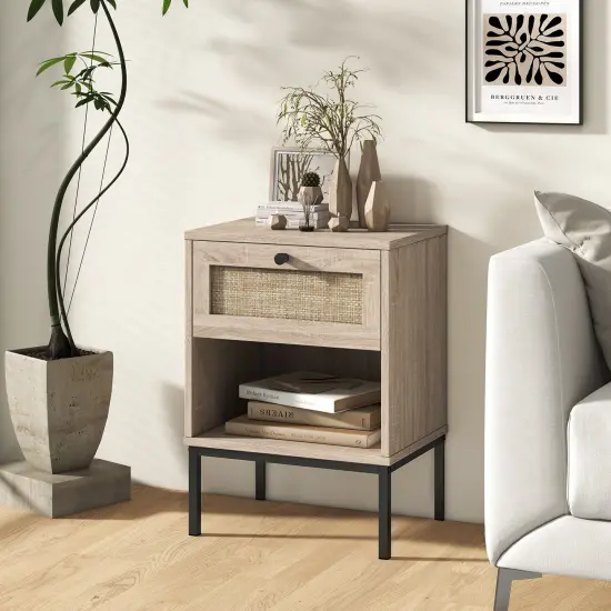 Rattan Nightstand Boho End Table with Rattan Drawer and Open Shelf Set of 2-Oak {2}