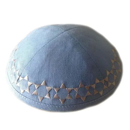Kippah Light Blue Gray Embroidery Linen {1}