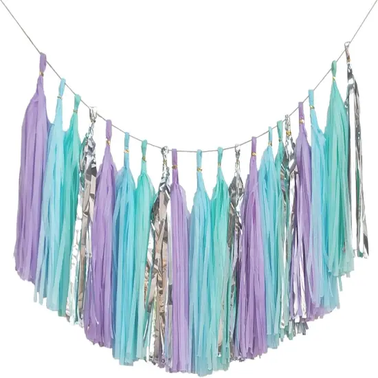 Shiny Tassel Garland Tissue Paper Tassel Banner,Table Decor,DIY Kits for Mermaid Party, Tassels Party Decoration,Pack of 20(Lavender,Light Blue,Mint,Silver) {1}