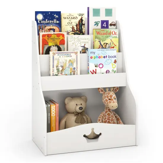 White MDF Kids Bookshelf with 4-Tier Storage, Hidden Compartment and Safety Features {1}