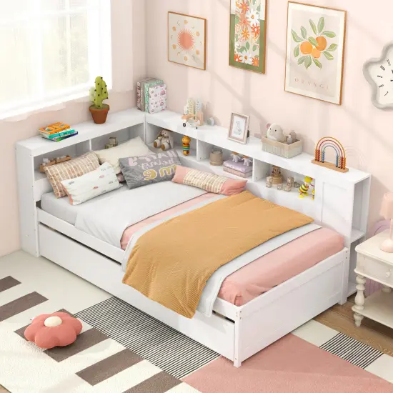 White Solid Wood Twin size Daybed with Trundle, Storage Cubes and Reversible Headboard {5}