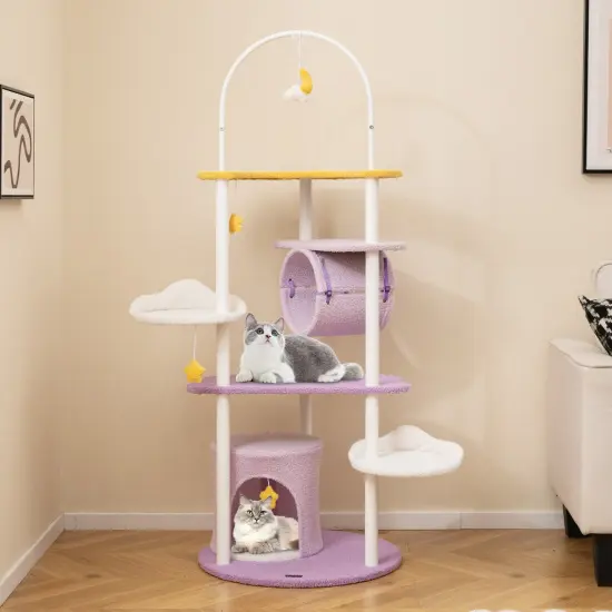 White and Purple Engineered Wood Cat Tree with Tunnel, Hammock and Toys {3}