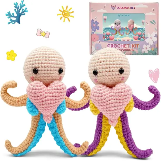 Octopus Crochet Kit for Beginners, Valentines Day Ocean Animals DIY Amigurumi Starter Set {1}
