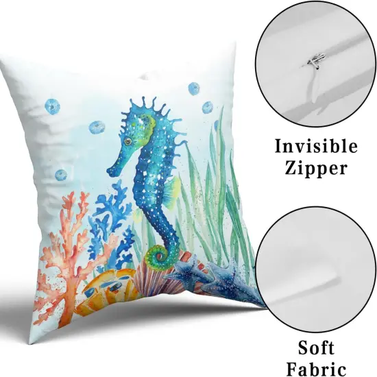 Coastal Ocean Pillow Covers Set of 2-18"x18" Sea Turtles Seahorse Decorative Throw Pillow Cases- Watercolor Marine Animals Double Sided Square Cushion Covers for Sofa Couch Bed Car {5}