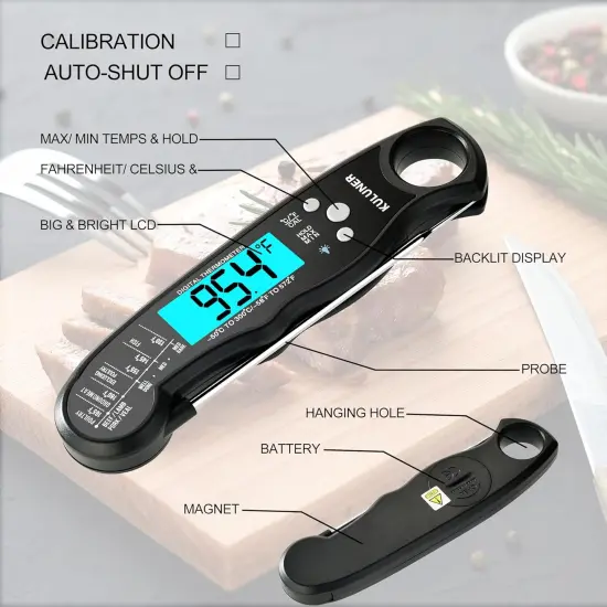TP-01 Waterproof Digital Instant Read Meat Thermometer with 4.6 Folding Probe Backlight Calibration Function for Cooking Food Candy, BBQ Grill, Liquids,Beef(Black) {4}