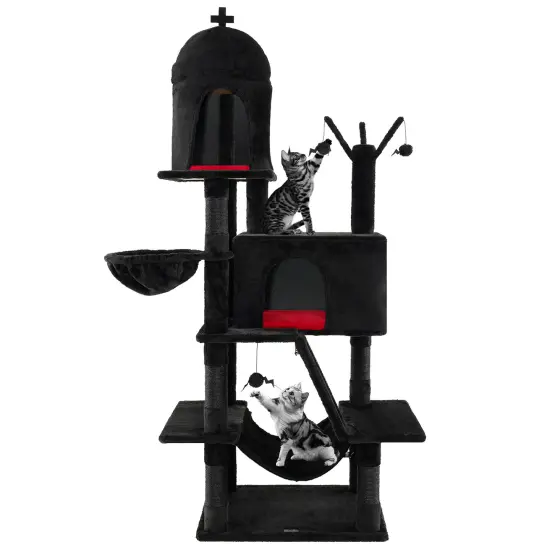 Black Gothic Cat Tree with Sisal Scratching Posts and Cozy Beds Ideal for Indoor Cats {4}