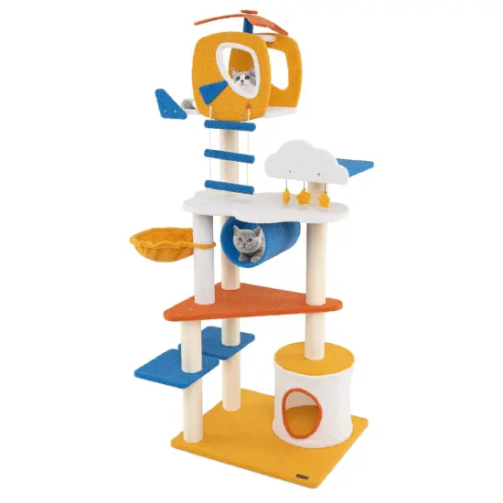 70 Inch Tall Aviation-Themed Cat Tree Tower with Helicopter Top Perch Ideal for Indoor Cats {4}