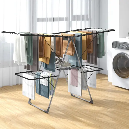 2-Tier 33 Drying Rails Clothes Drying Rack with Height Adjustable Gullwings and Metal Tubes Frame {2}