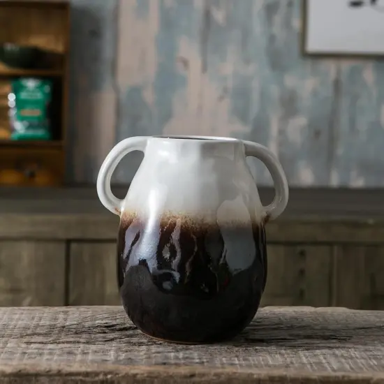 White Gradient Ceramic Vase with 2 Handles, Modern Farmhouse Vase for Home Decor, Rustic Terracotta Vase, Decorative Pottery Vase, Clay Flowers Vase, Centerpieces for Dining Table - 7 Inch {4}