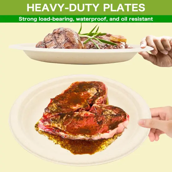 100% Compostable Disposable Paper Plates Heavy Duty Waterproof Plates-50 Pack 7 inch Eco-Friendly Plates, Natural Biodegradable Sugarca Bagasse Dinner Plates Unbleached Brown {2}