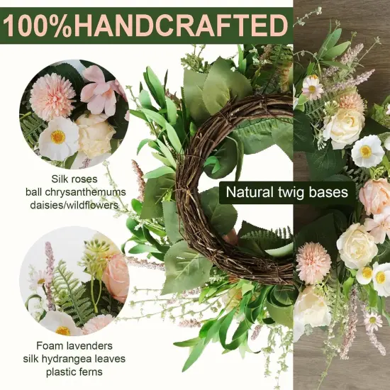 Pink Spring Wreaths for Front Door, 20 Inch Artificial Floral Wreath with Rose Ball-Chrysanthemum, Flower Wreath for Porch Wall Window Decor, Handmade Wreaths for Wedding Decoration {4}