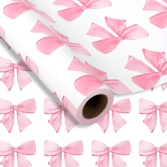 Pink Bow Wrapping Paper -Mini Roll- 17In x 32.8 Ft Watercolor Bow Knot Gift Wrap Paper Sweet Craft Paper for Valentine's Day Birthday Wedding Party Packing Supplies {1}