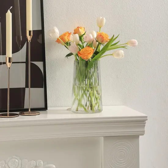 Clear Glass Vase for Flower, Glass Flower Vase, Flower Vase for Bouquet, Modern Glass Vase, Ribbed Glass Vase for Living Room, Bedroom, Dining Table, Office, Wedding, Centerpieces, 8 Inches {5}