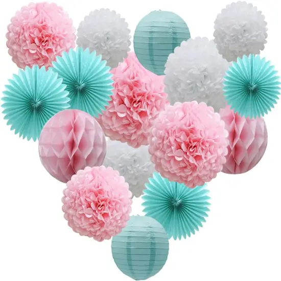 Teal Party Supplies for Bridal Baby Shower First Birthday Party Wedding Decorations (16pcs) Paper Honeycomb Ball Pom Poms Flowers Paper Lanterns Hanging Tissue Fan {1}