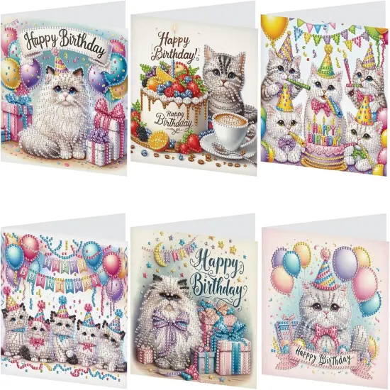6pcs Diamond Painting Greeting Cards for Blessings and Wishes - Cat DIY Birthday card Special Shape Crystal Diamond Art Partial Mosaic Making Craft, Paper Material, Gift for Christmas Thanksgiving Day {1}