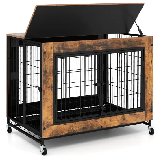Rustic Brown Flip-up Top Dog Kennel with Removable Tray and 3 Lockable Doors {1}