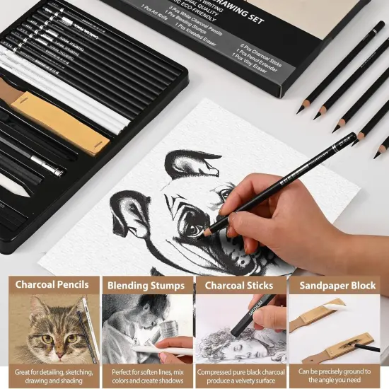 27 Piece Charcoal Drawing Set - Professional Black & White Charcoal Pencils for Sketching, Shading & Blending, Graphite Sticks with Artist Art Supplies Kit (Beginners & Professionals) {4}