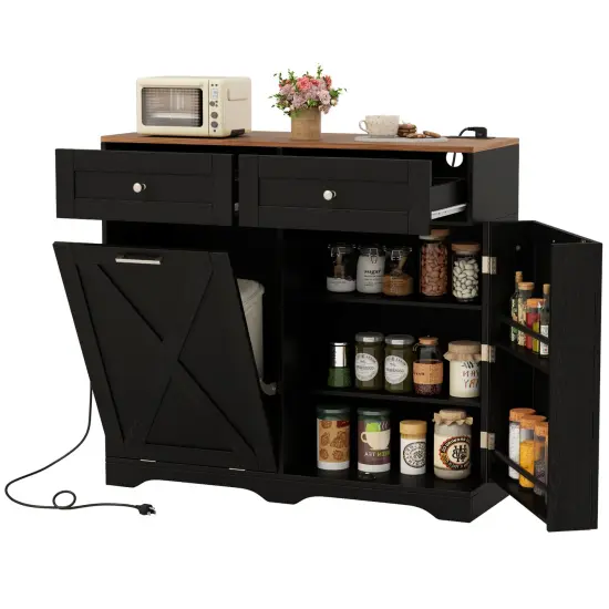 Tilt Out Wooden Trash Can Cabinet with 3 Position Adjustable Shelf and Power Outlets Black {4}