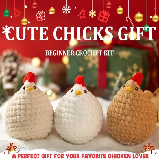 Crochet Kit for Beginners, Crochet Starter Kits for Adults Amigurumi Craft Knitting Crochet Animals Kits with Step-by-Step Video Tutorials, 3 Pcs Chicken (40%+ Yarn) {5}
