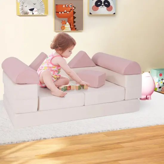 Suede Fabric Convertible Kids Play Couch Set with Foam Blocks and Cushions Pink {2}