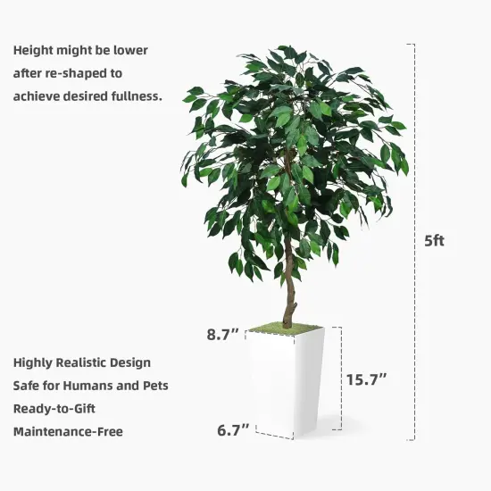 Artificial Ficus Tree 5FT - Faux Indoor Tree with Black Tall Planter - Fake Ficus Floor Plant in Pot - Artificial Silk Tree for Home Office Living Room Decor Indoor {5}