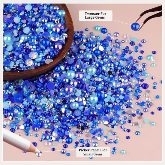 9000PCS Flatback Pearls and Rhinestones for Crafting, Dark Blue 3-10mm Resin Rhinestones and Half Pearls for Bedazzling, Nail Art and Dec with 3pcs B7000 Jewelry Glue, Tweezer and Pickup Pencil {4}