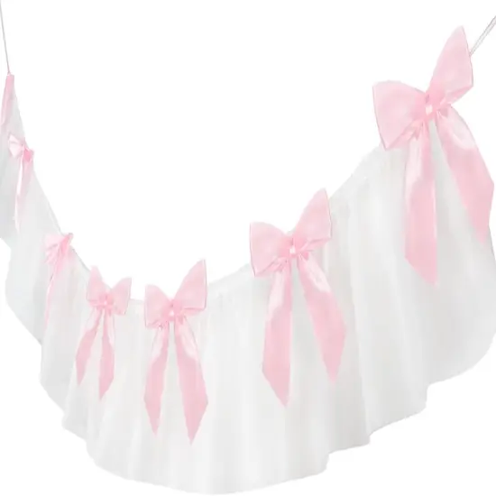 Bow Garland Banner, Pink Bow Birthday Party Decorations, 5.1ft Lace and Satin Ribbon Bows Hanging Banner with 7 Bows for Coquette Birthday Bachelorette Party Wedding Engagement Decor {1}