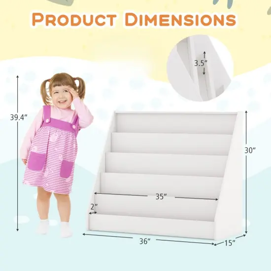 5-Tier Wooden Kids Multi-Purpose Bookshelf with Deep Compartments Suitable for Any Room White {5}