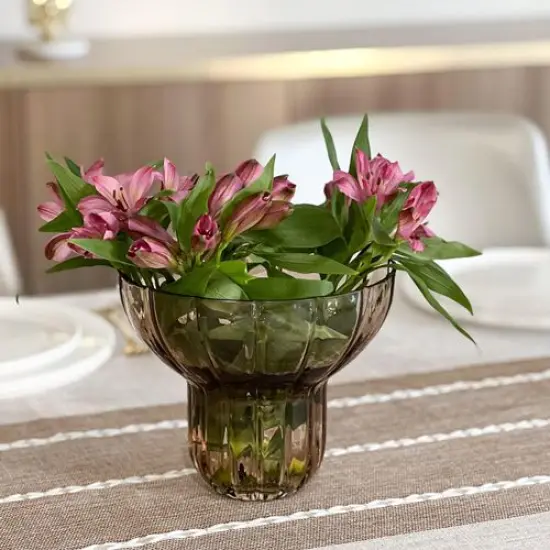 Wide Neck Amber Ribbed Vase {2}