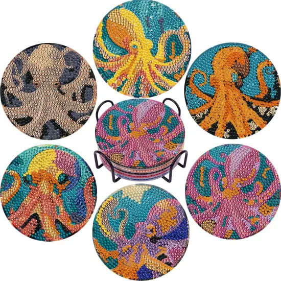 Diamond Art Coasters Set of 6, Small Diamond Painting Kits for Adults Beginners, Cork Coaster for Drinks Gem Art Coasters with Holder Home Decor for Octopus {1}