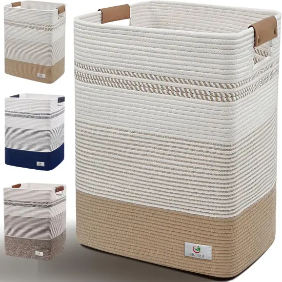 Laundry Hamper - 85L Large Laundry Basket with Leather Handles, Decorative Storage Basket for Blankets - Cotton Rope Woven Baskets for Storage, Clothes Hamper for Living Room, Jute & White {1}