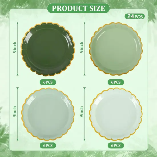 Summer Sage Green Scalloped Party Plates Gold Foil Border Paper Plates Disposable 9inch Gradient Green Serving Plates (24, Sage Green) {2}
