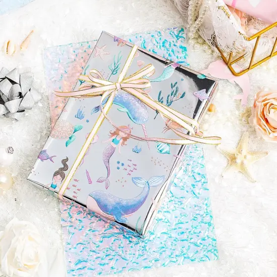 Reversible Mermaid Wrapping Paper Roll - Cute Metallic Foil Shine Mermaid & Pink Heart for Girl Birthday, Baby Shower - Mini Roll - 17 Inch x 33 Feet {2}