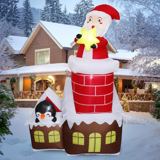 7FT H Lovely Christmas Inflatable Santa in The Chimney of Candy House with Penguin&Star Decorations, Blow up Christmas House with Build-in LED {1}