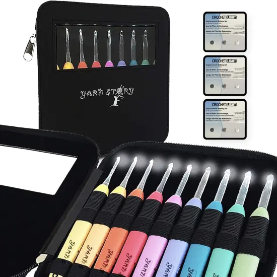 Lighted Crochet Hooks Complete Set 9/pkg - 9 pcs Light up Crochet Hook Set w/ 9 Extra Batteries &ndash; Crochet Lite Hooks {1}