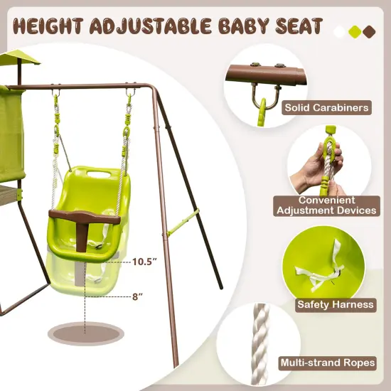 Green 4-in-1 Kids Swing Set with Slide, Adjustable Seat, Playhouse and Canopy {5}