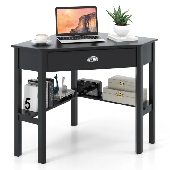 Wooden Corner Computer Desk with Big Storage Drawer and Two Open Shelves Black {6}