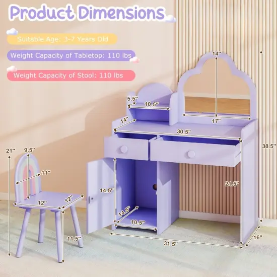 Kids Vanity Set, Cloud Shape Mirror, Storage and Pine Wood Stool Purple {6}