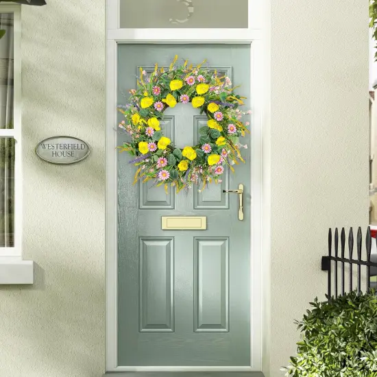 24'' Spring Wreaths for Front Door Decor Artificial Eucalyptus Flowers Summer Wreath with Poppy Daisy Lavender Floral Indoor Outdoor Wreaths Wedding Easter Party Farmhouse Wall Window Porch Home Decor {2}