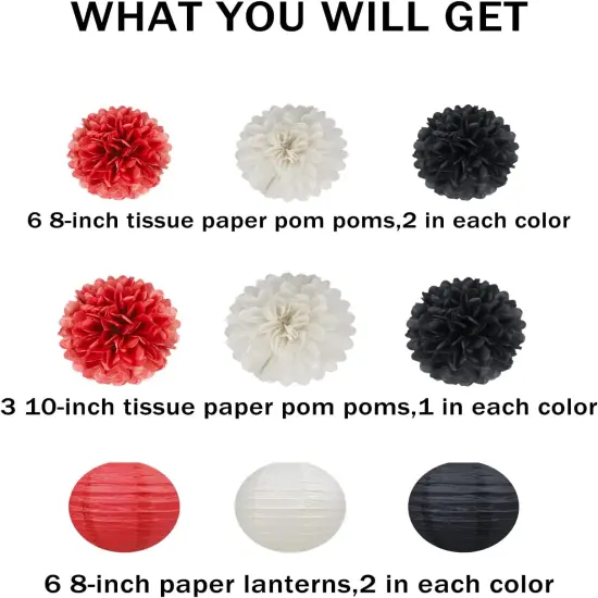 White Red Black Party Decorations - 15Pcs Tissue Paper Flower Pom Poms Lanterns Birthday Wedding Graduation Bachelorette Hanging Decor {4}