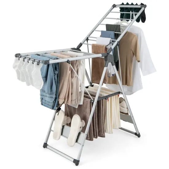 5-Level Adjustable Height Folding Clothes Drying Rack with 10 Side Clips and 4 Shoe Holders {4}