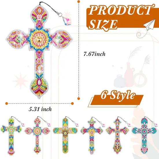 6 Pcs Cross 5D Diamond Art Kit for Adult DIY Painting Kit Religious Crystal Cross Diamond Bookmarks for Reading Lover Home Office School Project Read DIY Crafts Gifts, 6 Styles {3}