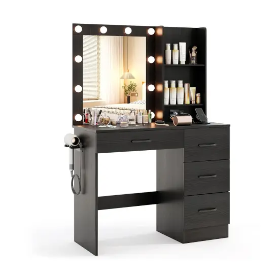 MDF Vanity Desk with Mirror, 3-Color Lighting, Storage and Charging Station Black {1}