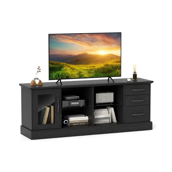 63 Inches Entertainment Center with 3 Storage Drawers and Removable Glass Shelves Black {3}